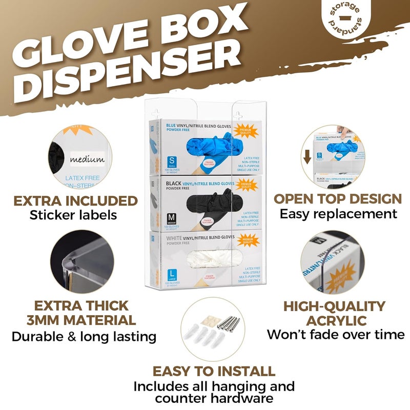 Storage Standard Triple Glove Box Holder Dispenser - Kitchen, Medical, & Latex Glove Holder Wall Mount or Countertop, Universal Fit - Thick Acrylic, Easy to Use, Slide, & Load Open Top Design - Clear - Image 3